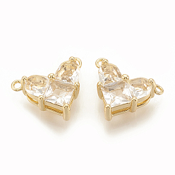 Clear Brass Cubic Zirconia Charms, Nickel Free, Real 18K Gold Plated, Heart, Clear, 9.5x12x4.5mm, Hole: 1mm