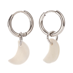 Stainless Steel Color 304 Stainless Steel Huggie Hoop Earrings, Crescent Moon Earrings, with Natural Shell, Stainless Steel Color, 27mm, Pin: 1mm