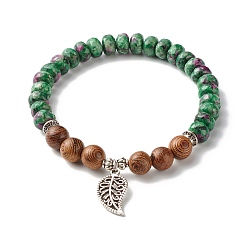Ruby Reiki Natural Ruby & Wenge Wood Beads Stretch Bracelet, Leaf Alloy Charm Bracelet for Girl Women, Inner Diameter: 2-1/8 inch(5.3cm)