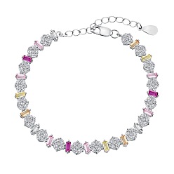 Rectangle Rhodium Plated 925 Sterling Silver Link Chain Bracelet, Colorful Cubic Zirconia Tennes Bracelet, Rectangle, 6-1/2 inch(16.6cm)