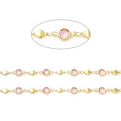 Real 18K Gold Plated Bass Flat Round Link Chains, with Pink Glass Beaded, Soldered, with Spool, Real 18K Gold Plated, 8.5x4x1.5mm, 12.5x6.5x2.5mm