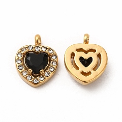 Black Vacuum Plating 304 Stainless Steel Cubic Zirconia Pendants, with Rhinestone, Heart Charms, Black, 12.5x10x3.5mm, Hole: 1.8mm