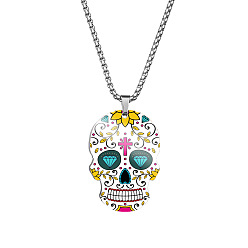 Dark Turquoise Stainless Steel Skull with Flower Pendant Necklaces, Halloween Jewelry for Women, Dark Turquoise, 23.62 inch(60cm)