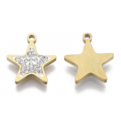 Golden 201 Stainless Steel Pendants, with Polymer Clay Crystal Rhinestone, Star Shape, Golden, 17x15x3mm, Hole: 1.6mm