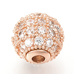 Or Rose Micro en laiton pavent des perles cubes de zircone, ronde, clair, or rose, 10mm, Trou: 2mm