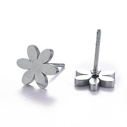 Stainless Steel Color Unisex 304 Stainless Steel Stud Earrings, Flower, Stainless Steel Color, 8x9mm, Pin: 1mm