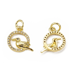 Golden Brass Micro Pave Cubic Zirconia Bird Charms, with Jump Ring, Ring & Toucan Charm, Golden, 13x12x2mm, Hole: 3mm