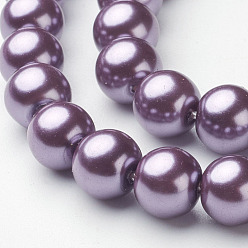 Púrpura Media Hebras redondas de perlas de vidrio teñido ecológico, Grado A, cordón de algodón rosca, púrpura medio, 8 mm, agujero: 0.7~1.1 mm, sobre 52 unidades / cadena, 15 pulgada