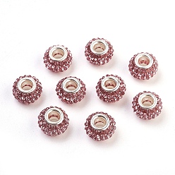 Rose Clair Qualité perles Européennes strass, Perles avec un grand trou   , résine, avec noyau en laiton plaqué couleur argent, rondelle, rose clair, 15x10mm, Trou: 5mm
