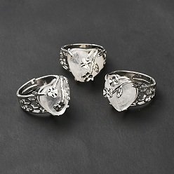 Quartz Crystal Natural Quartz Crystal Adjustable Rings, Platinum Tone Heart with Flower Brass Rings for Women, Cadmium Free & Lead Free, US Size 6 3/4(17.1mm), 4.5~9mm