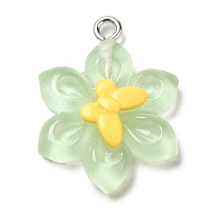 Light Green Translucent Resin Pendants, Sunflower Charms with Platinum Plated Iron Loops, Light Green, 25x18.5x6mm, Hole: 2mm