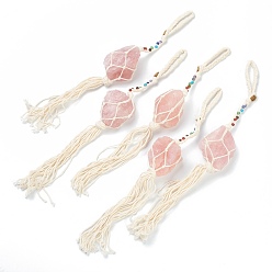 Rose Quartz Gemstone Pendant Decorations, with Cotton Thread, Nuggets, 310~325mm