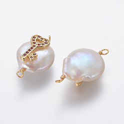 Rose Foncé Connecteurs de liens de perles naturelles, avec accessoires zircon cubique micro pave en laiton, pépites avec clé de coeur, or, rose foncé, 21~25x13~15x6~8mm, Trou: 1.6mm