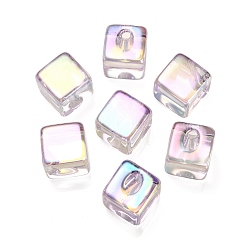 Lila Cuentas perforadas con parte superior de acrílico iridiscente de arco iris con recubrimiento uv, cubo, lila, 19x19x14 mm, agujero: 3.5 mm, longitud de lado: 14 mm