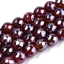 Dark Red Electroplate Natural Agate Beads Strands, Dyed, Faceted, Pearl Luster Plated, Round, Dark Red, 8.5x7~8mm, Hole: 1.2mm, about 47~48pcs/strand, 13.78 inch~13.98 inch(35cm~35.5cm)