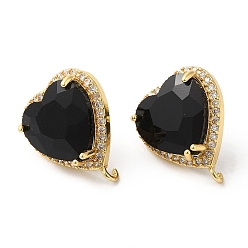 Black Rack Plating Brass Rhinestone Stud Earring Finding, with Glass, Heart with Vertical Loops, Real 18K Gold Plated, Cadmium Free & Lead Free, Black, 20.5x17mm, Hole: 1.6mm, Pin: 0.7mm