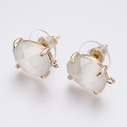 White Faceted Glass Stud Earring Findings, with Loop, Light Gold Plated Brass Findings, Oval, White, 14x10x5mm, Hole: 1mm, Pin: 0.8mm