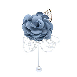 Light Steel Blue Silk Cloth Imitation Rose Corsage Boutonniere, with Plastic Beads, for Men or Bridegroom, Groomsmen, Wedding, Party Decorations, Light Steel Blue, 120x70mm
