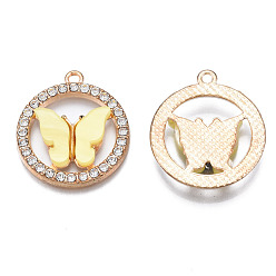 Yellow Alloy Rhinestone Pendants, with Acrylic, Cadmium Free & Lead Free, Ring with Butterfly, Light Gold, Yellow, 24.5x22x3.5mm, Hole: 1.6mm