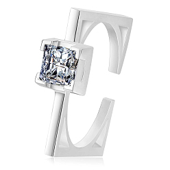 Platinum Rhodium Plated 925 Sterling Silver Rectangle Open Cuff Ring, Clear Cubic Zirconia Creative Ring for Women, Platinum, US Size 5 1/4(15.9mm)