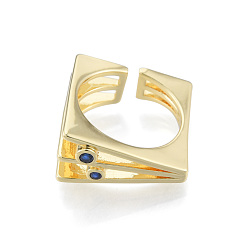 Medium Blue Cubic Zirconia Square Triple Layer Open Cuff Ring, Real 18K Gold Plated Brass Jewelry for Women, Nickel Free, Medium Blue, US Size 6 1/4(16.7mm)