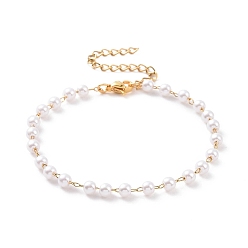 Oro Pulseras redondas de cuentas de perlas de imitación de plástico, con chapado al vacío 304 Cadenas barbadas de acero inoxidable, blanco, dorado, 6-3/4 pulgada (17 cm)