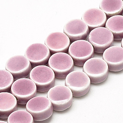 Rose Nacré Perles en porcelaine manuelles, porcelaine émaillée lumineux, plat rond, perle rose, 8~8.5x4~4.5mm, Trou: 2mm