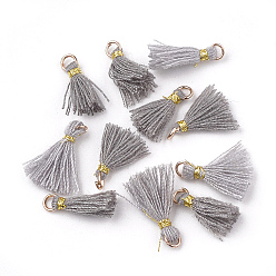 Gray Polycotton(Polyester Cotton) Tassel Pendant Decorations, Mini Tassel, with Iron Findings and Metallic Cord, Light Gold, Gray, 10~15x2~3mm, Hole: 1.5mm