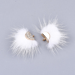 Blanc Décorations pendantes de pompon en fausse fourrure de vison, avec strass et les accessoires en alliage, fan, or, blanc, 24~28x29~34x8mm, Trou: 1.5mm