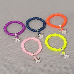 Mixed Color Stretchy Frosted Glass Beads Kids Charm Bracelets for Children's Day, with Tibetan Style Acrylic Findings, Lovely Wedding Dress Angel Dangle, Antique Silver, Mixed Color, 40mm