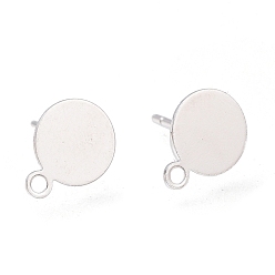 Real Platinum Plated Brass Stud Earring Findings, Long-Lasting Plated, with Loop and Rhodium Plated 925 Sterling Silver Pin, Flat Round, Real Platinum Plated, 13.3x10x0.5mm, Pin: 0.6mm
