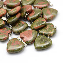 Unakite Heart Natural Unakite Pendants, with Platinum Tone Brass Findings, 20~22x20~21x5~8mm, Hole: 2x7mm