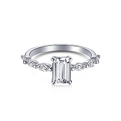 Прозрачный Родиевое покрытие 925 кольца на палец из стерлингового серебра, кольцо с камнем, с 5прямоугольником из циркония для женщин, Реальная платина, прозрачные, 1.7 мм, размер США 7 (17.3 мм)