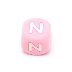 Letter N Силиконовые бусины с алфавитом для изготовления браслетов или ожерелий, стиль письма, розовый куб, letter.n, 12x12x12 мм, отверстие : 3 мм