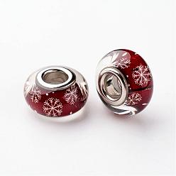 Dark Red Resin European Beads, Christmas Theme, Large Hole Rondelle Beads, with Snowflake Pattern and Brass Double Cores, Platinum, Dark Red, 14x8mm, Hole: 5mm