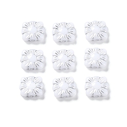 White Opaque Acrylic Beads, Metal Enlaced, Square with Flower Pattern, White, 9.5~10x10.5~11x3.5mm, Hole: 1.6mm, about 1990pcs/500g