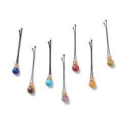 Light Gold Eco-Friendly Copper Wire Wrapped Round Gemstone Hair Bobby Pin, with Stainless Steel Findings, Light Gold, 60x1x8.5mm, 7pcs/set