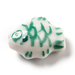Verde Granos de la porcelana hecha a mano impresos, pescado, verde, 14.5~15x11.5~12x7~7.5 mm, agujero: 1.6 mm