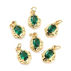 Teal Brass Micro Pave Cubic Zirconia Pendant, Long-Lasting Plated, Real 18K Gold Plated, Oval, Teal, 12x8x3mm, Hole: 2.6mm