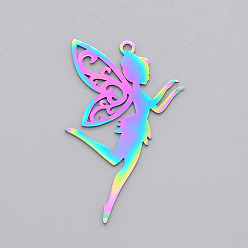 Rainbow Color Ion Plating(IP) 201 Stainless Steel Pendants, Laser Cut, Fairy, Rainbow Color, 41x25x1mm, Hole: 1.8mm