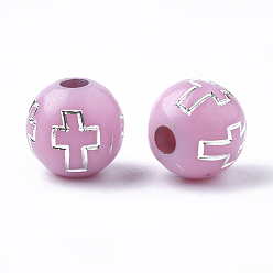 Pearl Pink Plating Acrylic Beads, Silver Metal Enlaced, Round with Cross, Pearl Pink, 8mm, Hole: 2mm, about 1800pcs/500g