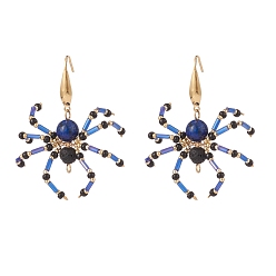 Lapis Lazuli Natural Lava Rock & Lapis Lazuli Braided Spider Dangle Earrings, Brass Wire Wrap Halloween Jewelry for Women, Golden, 50mm, Pin: 0.8mm