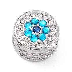 Zircon Bleu 304 acier inoxydable perles européennes, Perles avec un grand trou   , avec strass, colonne avec fleur et coeur, argent antique, zircon bleu, 12x8mm, Trou: 4mm