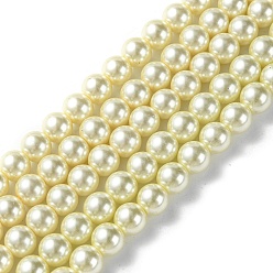 Beige Eco-Friendly Glass Pearl Beads Strands, Grade A, Round, Dyed, Cotton Cord Threaded, Beige, 8mm, Hole: 1.2~1.5mm, about 52pcs/strand, 15.7 inch