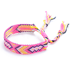 Hot Pink Polyester-cotton Braided Rhombus Pattern Cord Bracelet, Ethnic Tribal Adjustable Brazilian Bracelet for Women, Hot Pink, 5-7/8~11 inch(15~28cm)