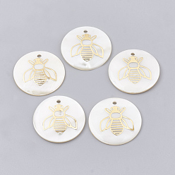Golden Freshwater Shell Pendants, with Brass Findings, Flat Round with Bee, Golden, 22.5~23x1.5~2mm, Hole: 1.5mm
