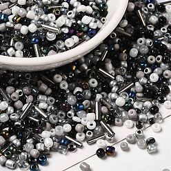 Noir Perles de rocailles en verre de couleurs intérieures opaques et transparentes, trou rond, rond & tube, noir, 1.5~9x2~3x2~3mm, Trou: 0.8~1mm, environ 450 g /sachet 