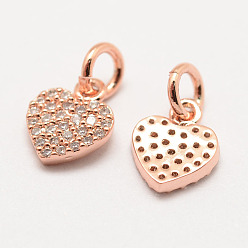Real Rose Gold Plated Brass Micro Pave Grade AAA Cubic Zirconia Charms, Long-Lasting Plated, Heart, Cadmium Free & Nickel Free & Lead Free, Real Rose Gold Plated, 9x8x1.5mm, Hole: 3mm