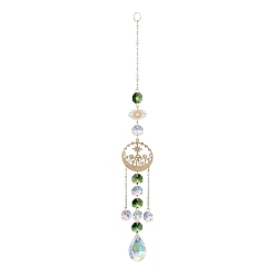 Mushroom Hanging Suncatcher, Iron & Faceted Glass Pendant Decorations, with Jump Ring, Teardrop & Octagon, Mushroom Pattern, 310x2.3mm, Hole: 10mm, Pendant: 220x40x11.5mm