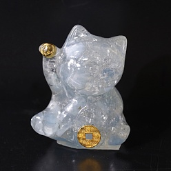 Aguamarina Adornos de exhibición artesanales de resina y chips de cristal de cuarzo y aguamarina natural, figura de gato de la suerte, para el hogar adorno de feng shui, 63x55x45 mm